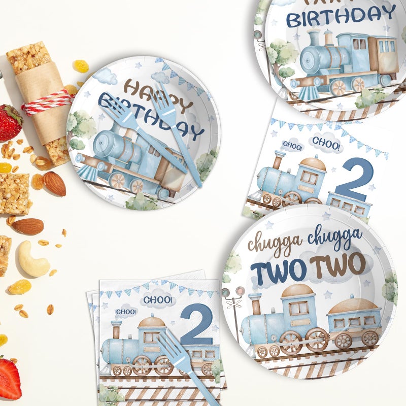 Grencian 96Pcs Chugga Chugga Two Two Birthday Party Decorations Watercolor Train 2nd Paper Plates Retro Blue Disposable Choo Choo I'm 2 Tableware Set for 2 Year Old Birthday Party Supplies, Serves 24 - Image 5