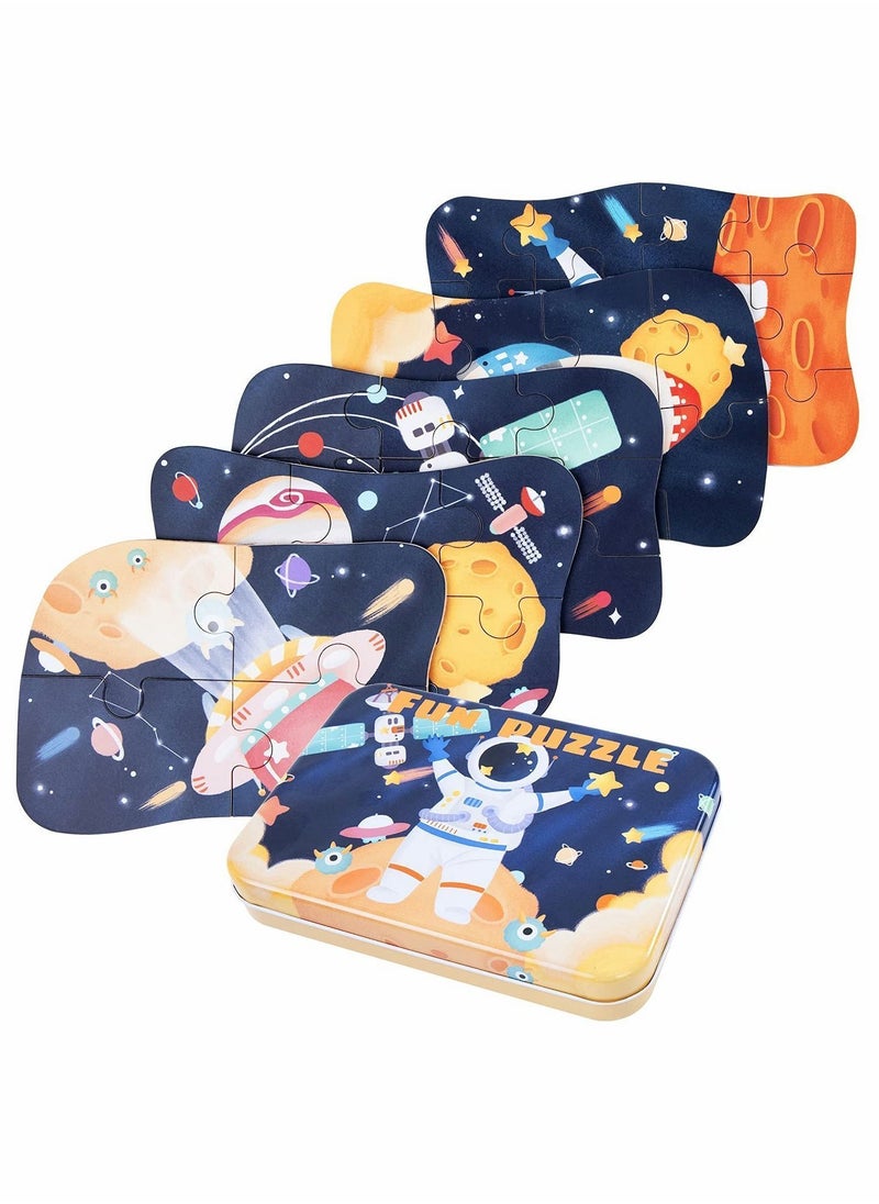 Y&D Astronaut Puzzles for 3 4 5 6 Year Olds, 5-in-1 Dinosaur Jigsaw with Iron Box Storage, Toys Gifts Boys, Girls, Kids and Children (Astronaut Jigsaw)  - Image 1