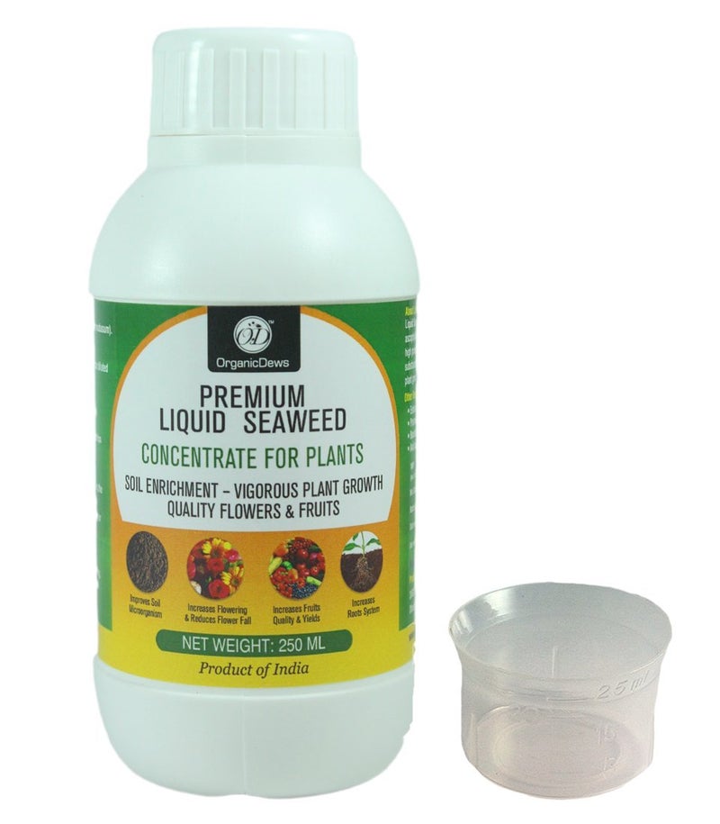 OrganicDews Liquid Seaweed Concentrate for Plants 250 ml with Measuring Cup 25 ml Fertilizer for All Indoor and Outdoor Plants - Image 1