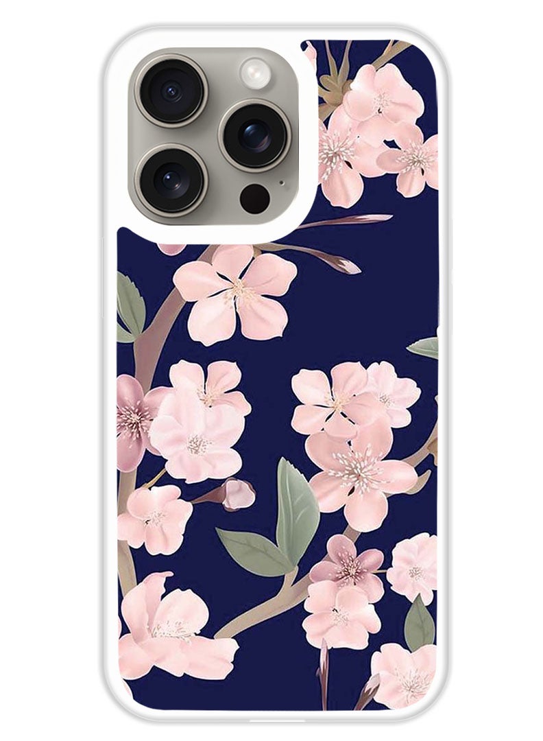 Theodor Protective Case Cover For APPLE IPHONE 15 Pro Pink Flowers In Blue Background (White Bumper) - Image 1