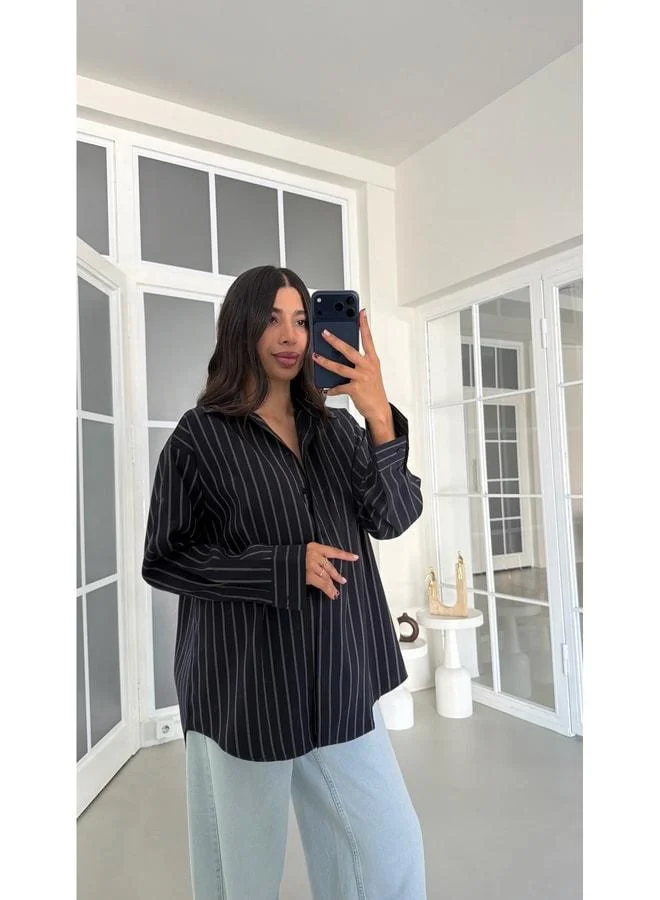 Navy Striped Oversized Shirt GAUS-01950