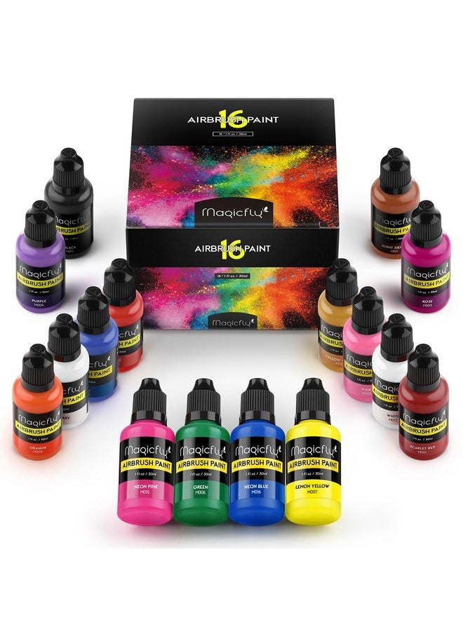 Magicfly Airbrush Paint 16 Colors Acrylic Airbrush Paint Set (30 Ml/1 Oz) Ready To Spray Opaque & Neon Colors Water Based Premium Airbrush Paint Kit For Beginners Hobbyist And Artists  - Image 1