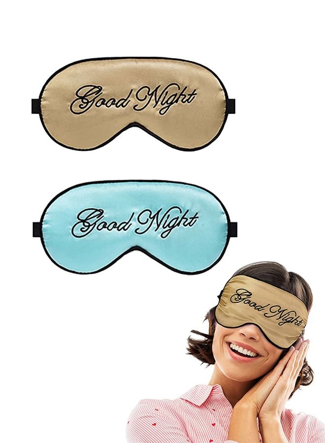 2 Pcs Letter Embroidery Eye Sleep Mask, Adjustable Strap Soft Breathable Imitation Silk Sleep Eye Cover, Travel Nap Meditation Shading Blindfold (Blue + Gold) - Image 1