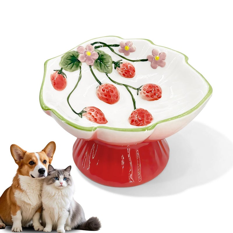 FALESHOS Ceramic Strawberry Elevated Cat Bowls Tilted Raised Pet Dish for Anti Vomit Spine Protection Whisker Friendly Excellent Raised Food and Water Bowl for Indoor Cats FlatFaced Cats Red - Image 2