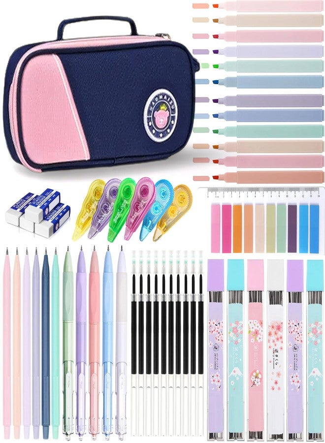 Ristpal 46 Pcs Large Capacity Pencil Pouch with Aesthetic School Supplies, 12 Pastel Highlighters, 5 Black Ink Gel Pens, 6 Mechanical Pencils Set 0.5 & 0.7mm, Sticky Notes, Stationary Set for Student (Pink) - Image 1
