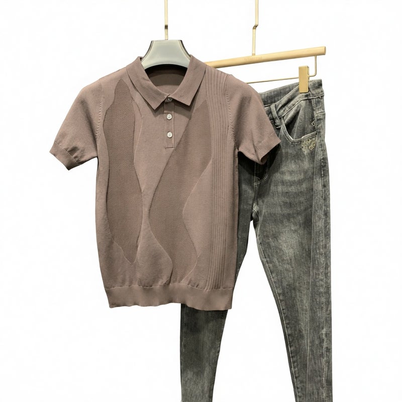 Men's Short Sleeve Knit Polo Shirt Ice Silk Thin Slim Fit Turn-Down Collar Summer Casual Top - Image 1