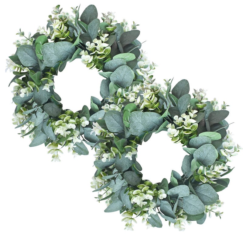 Grbambi 2Pc Artificial Eucalyptus Wreath Fabric Eucalyptus Leave Wreath Round Green Wreath For Farmhouse Wall Window Decor - Image 1