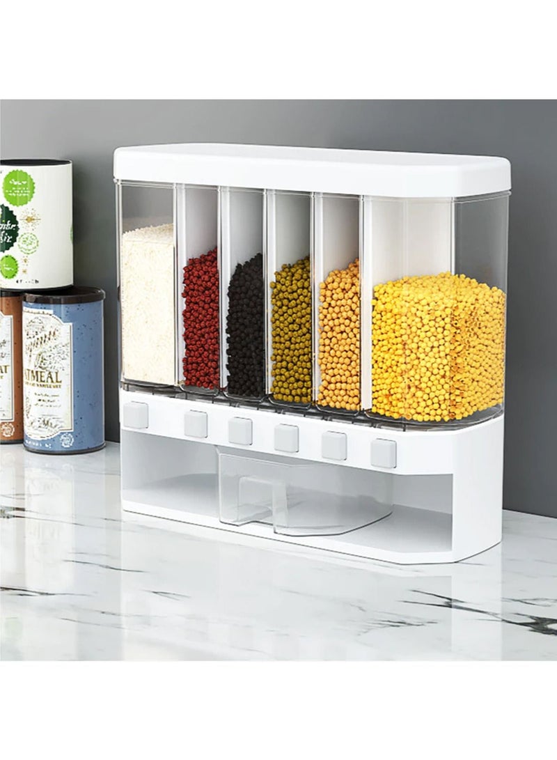 DubaiGallery حاوية طعام جافة مثبتة على الحائط بـ 6 أقسام دلو أرز منفصل موزع حبوب مقاوم للرطوبة رفوف أوتوماتيكية صندوق تخزين الطعام - Image 4