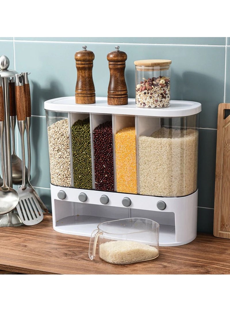 DubaiGallery حاوية طعام جافة مثبتة على الحائط بـ 6 أقسام دلو أرز منفصل موزع حبوب مقاوم للرطوبة رفوف أوتوماتيكية صندوق تخزين الطعام - Image 1
