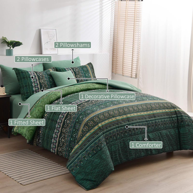 Cottolester Boho Green Comforter Set King Size,8 Piece Bed in a Bag Bohemian Striped Bedding Quilt Set,Dark Green Paisley Floral Comforter and Sheet Set,Soft Microfiber Complete Bedding Sets for All Season - Image 2