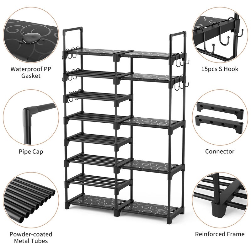 ROJASOP Shoe Rack Organizer, 8-Tier Metal Shoe Rack for Closet Entryway Garage, 26-32 Pairs Tall Shoe Boot Storage Shelf with 15 Hooks, Stackable Large Shoe Stand - Image 5