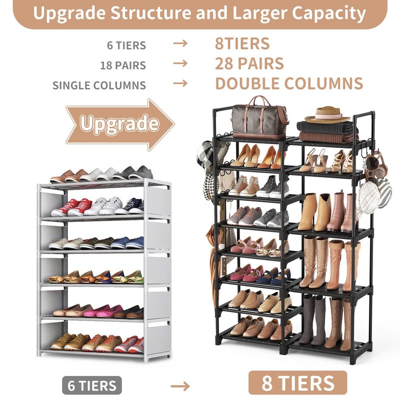 ROJASOP Shoe Rack Organizer, 8-Tier Metal Shoe Rack for Closet Entryway Garage, 26-32 Pairs Tall Shoe Boot Storage Shelf with 15 Hooks, Stackable Large Shoe Stand - Image 3