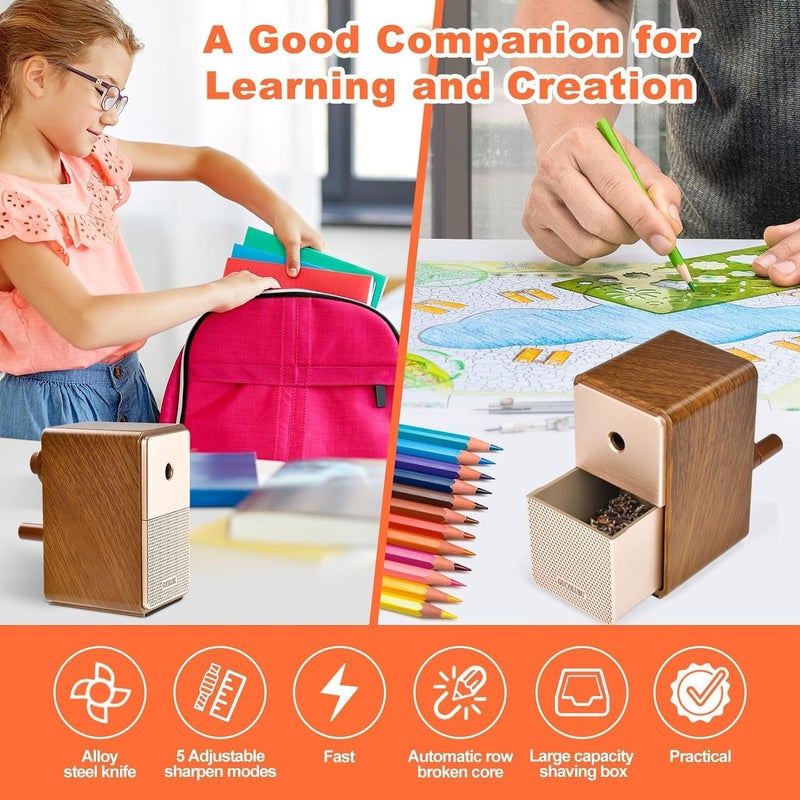 Excefore Pencil Sharpener For Kids, Manual Pencil Sharpener For 6.9-8 Mm Colored Pencils, Auto-Stop Function, Retro Pencil Sharpener For Painter, School Supplies, Classroom, Stationery For Kids Gifts (Oak) - Image 2