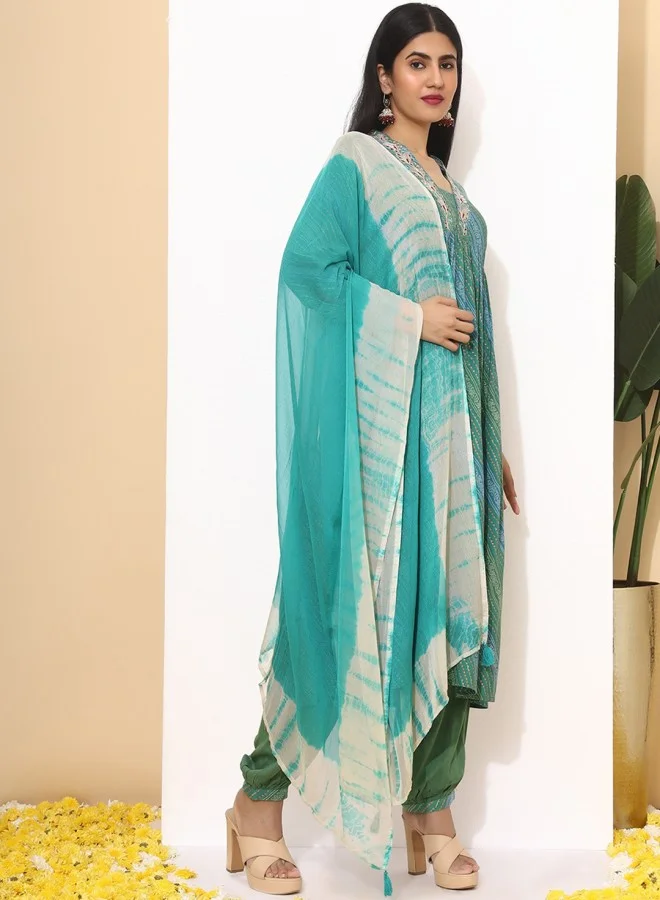 ISHIN Women's Green 100% Cotton Embroidered A-Line Kurta Set