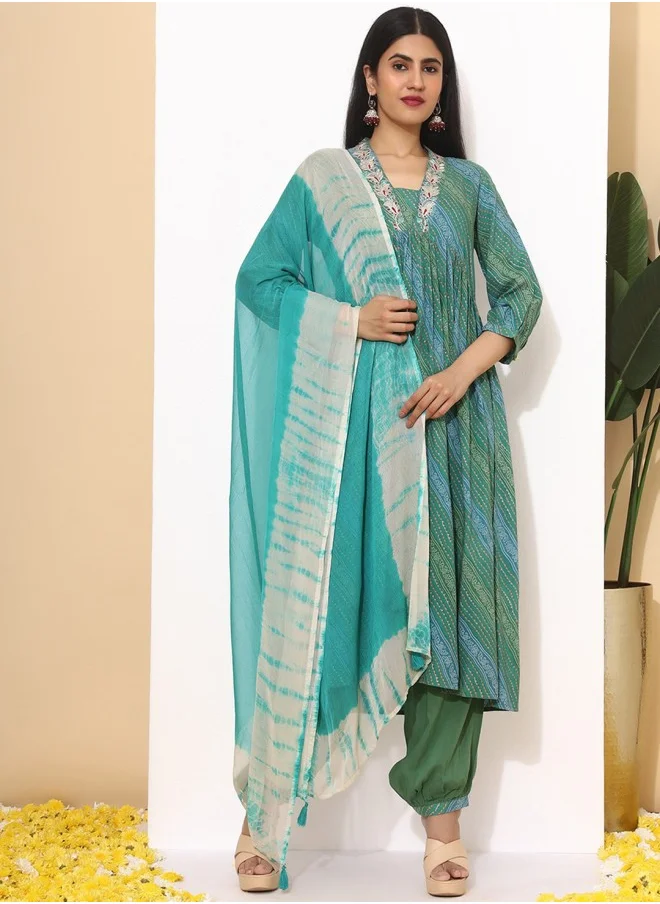 ISHIN Bandhani Embroidered Pleated Mirror Work A- Line Kurta With Salwar & Dupatta