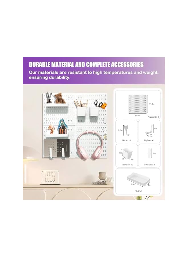 promass Peg Board Combination Kit, 4 Pieces Pegboards and 18 Accessories Modular Hanging, Wall Organizer Pegboard for Home and Office, Wall Mount Display Pegboard Panel Kits (WHITE) - Image 2