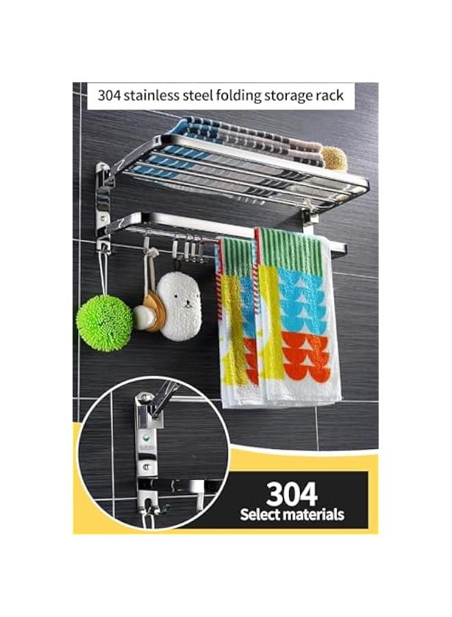 هوكور رف مناشف 60 سم مع حامل منشفة من بورتالوف، رف منشفة قابل للطي مع خطافات متحركة، حامل مناشف مقاوم للصدا يثبت على الحائط للحمام والمرحاض - Image 2