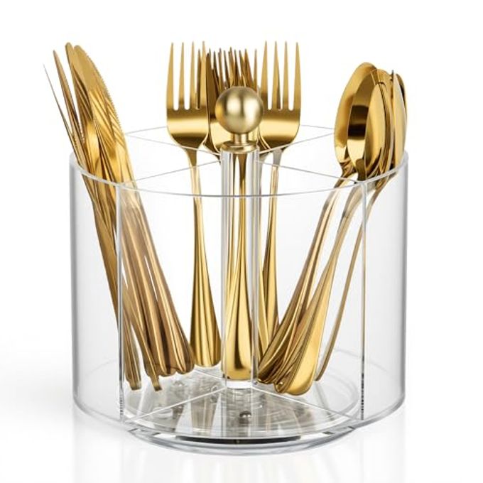 NACIMAX 360° Rotating Acrylic Utensil Caddy, Silverware Caddy Countertop, Flatware Cutlery Holder with 4 Compartment