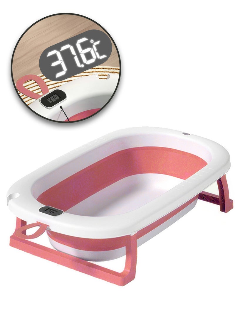 RENOVO Baby Bath Tub with Digital Thermometer, Drain Plug and Hanging Ring Portable Travel Friendly Anti-Skid Collapsible Bathtub for Kids, Pink - Image 1