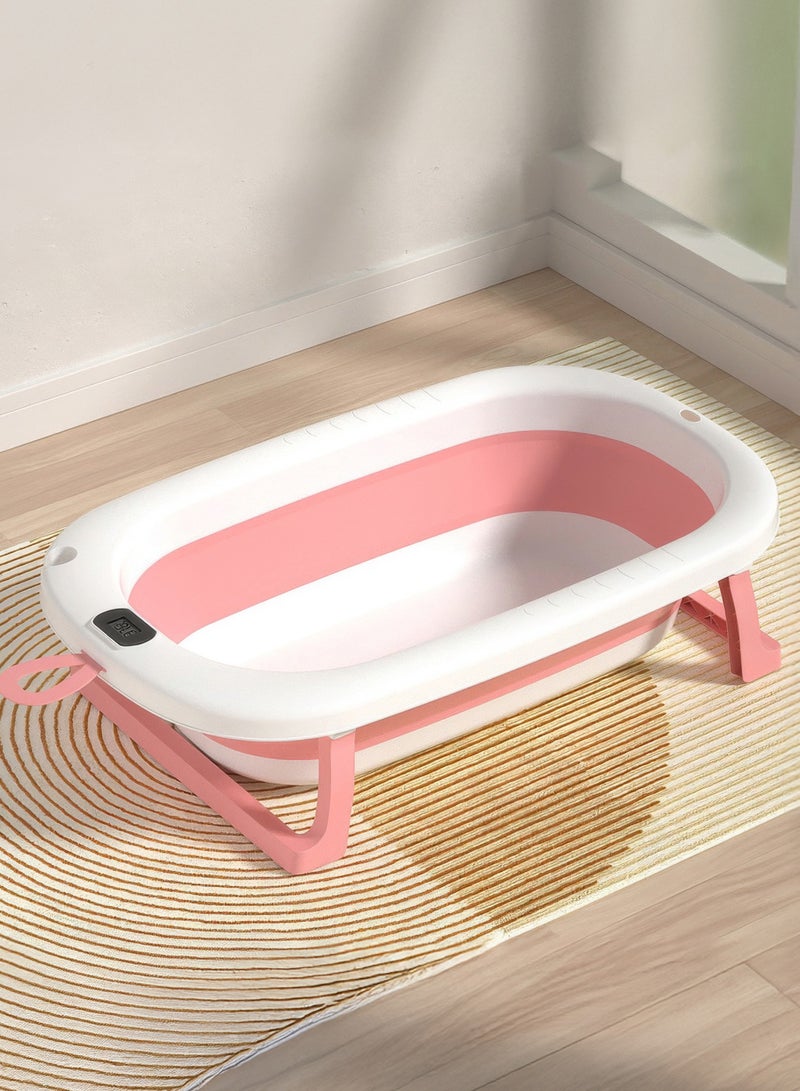RENOVO Baby Bath Tub with Digital Thermometer, Drain Plug and Hanging Ring Portable Travel Friendly Anti-Skid Collapsible Bathtub for Kids, Pink - Image 2