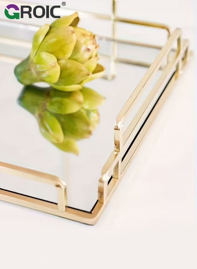 GROIC صينية مرآة، 35×25×6 سم، صينية زخرفية معدنية لتنظيم المجوهرات والعطور ومستحضرات التجميل لسطح الزينة، خزانة الملابس، الحمام، غرفة النوم، صينية خزانة ذهبية مزخرفة، صينية شاي لغرفة المعيشة. - Image 4