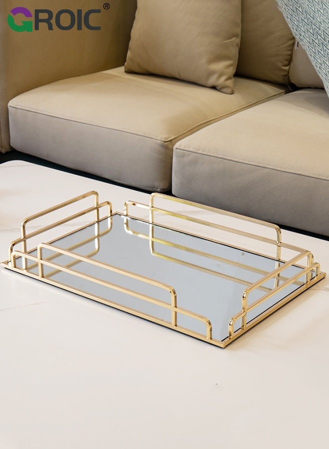 GROIC صينية مرآة، 35×25×6 سم، صينية زخرفية معدنية لتنظيم المجوهرات والعطور ومستحضرات التجميل لسطح الزينة، خزانة الملابس، الحمام، غرفة النوم، صينية خزانة ذهبية مزخرفة، صينية شاي لغرفة المعيشة. - Image 5