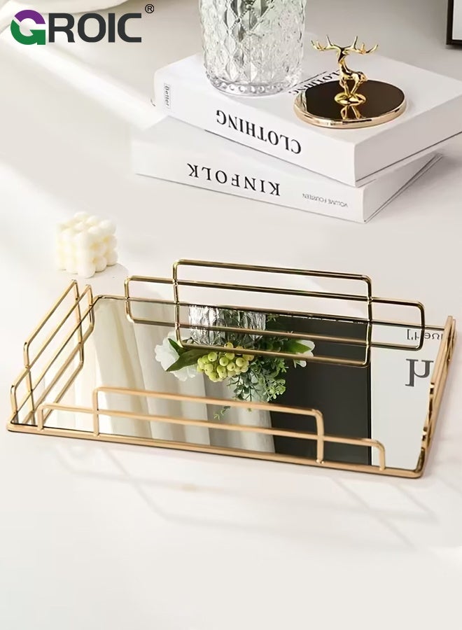 GROIC صينية مرآة، 35×25×6 سم، صينية زخرفية معدنية لتنظيم المجوهرات والعطور ومستحضرات التجميل لسطح الزينة، خزانة الملابس، الحمام، غرفة النوم، صينية خزانة ذهبية مزخرفة، صينية شاي لغرفة المعيشة. - Image 1
