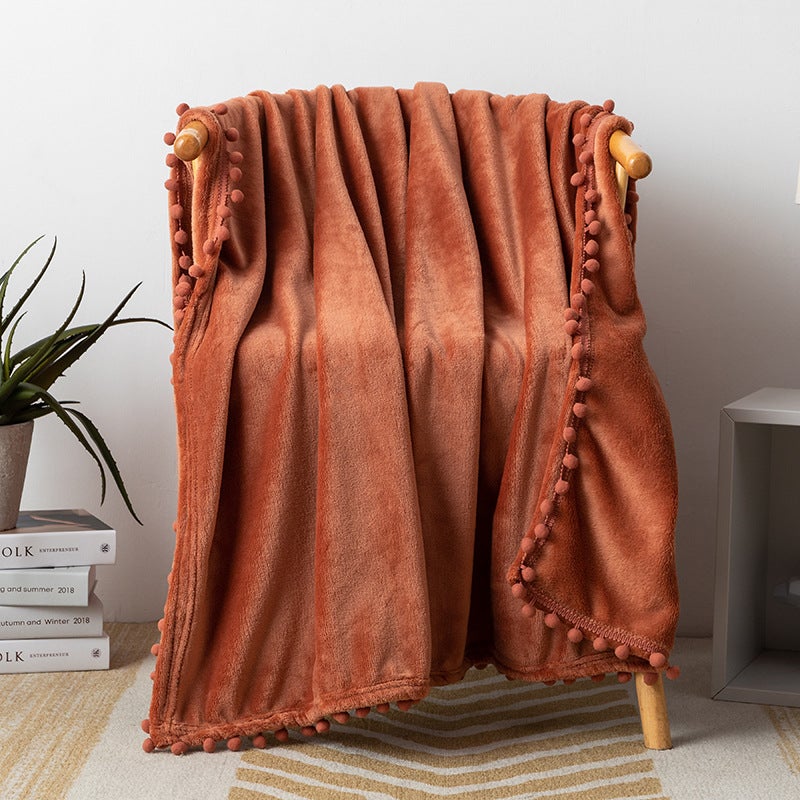Fringe Pom-Pom Flannel Throw Blanket Solid Color Caramel 