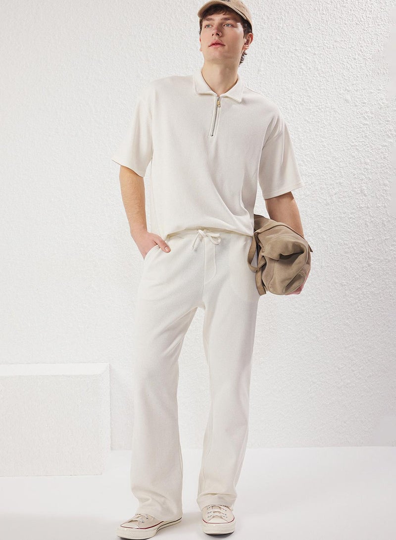 trendyol Ecru Oversize/Wide Cut Textured Zippered Polo Neck T-Shirt - Image 3