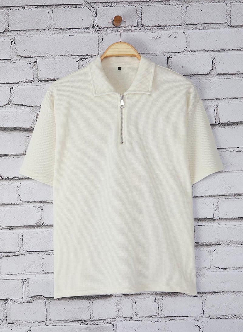 trendyol Ecru Oversize/Wide Cut Textured Zippered Polo Neck T-Shirt - Image 5