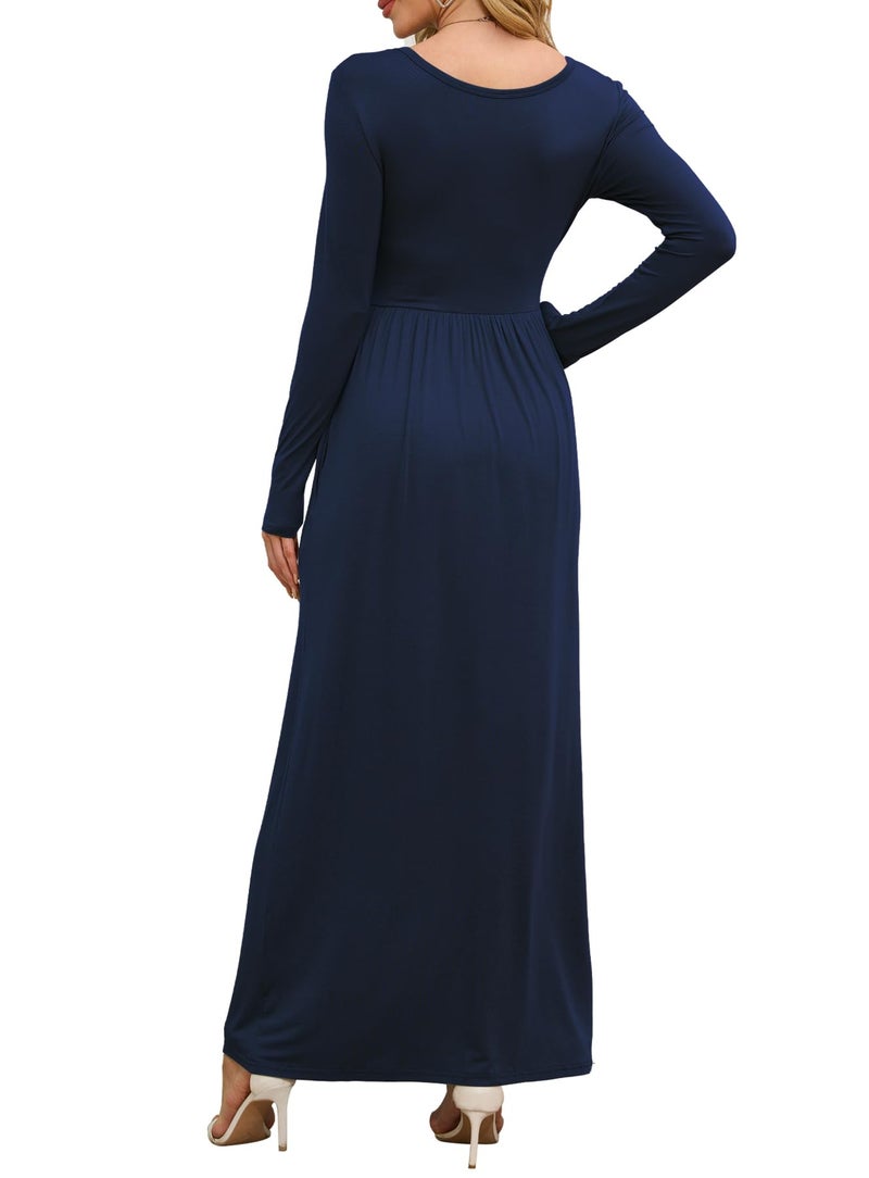 DEARCASE Maxi Dress for Women Navy Blue Small Crewneck Long Sleeves Wedding Guest A-line Plain Casual Empire Waist Flowy Party Vintage Spring Fall Winter Floor Dresses with Pocket - Image 3
