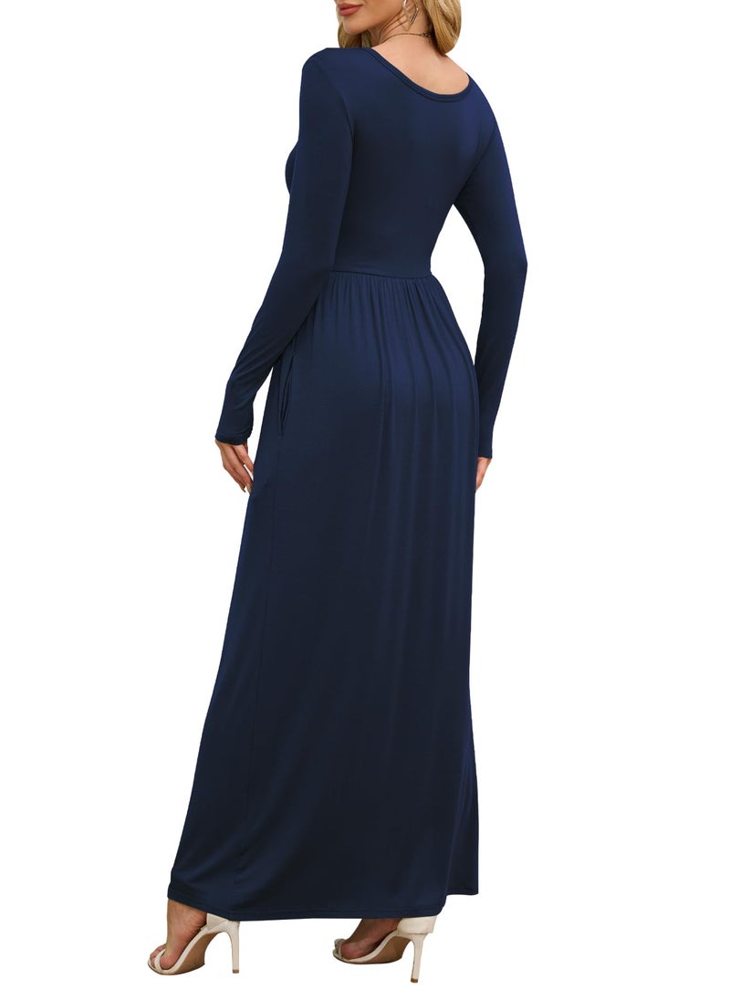 DEARCASE Maxi Dress for Women Navy Blue Small Crewneck Long Sleeves Wedding Guest A-line Plain Casual Empire Waist Flowy Party Vintage Spring Fall Winter Floor Dresses with Pocket - Image 2