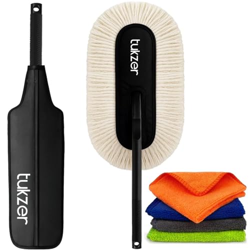Tukzer Super-Soft Microfiber Car Duster Brush & Super-Absorbent, Lint-Free Streak-Free Microfiber Cloths (4pcs) for Car Bike Truck Dashboard/Exterior, Automobile Cleaning Polishing Washing -White - Image 1