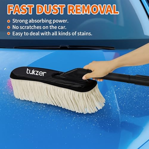 Tukzer Super-Soft Microfiber Car Duster Brush & Super-Absorbent, Lint-Free Streak-Free Microfiber Cloths (4pcs) for Car Bike Truck Dashboard/Exterior, Automobile Cleaning Polishing Washing -White - Image 4