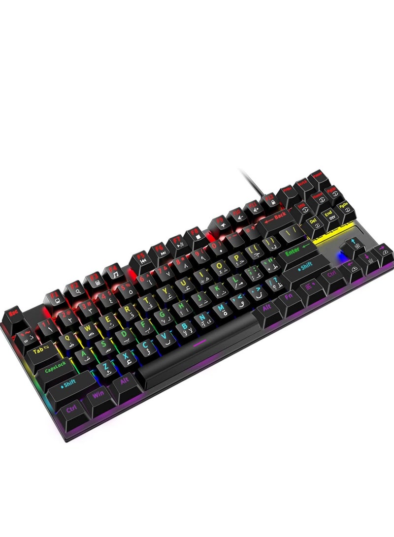 English Arabic Mechanical Gaming Keyboard with LED Backlit, Quick Response USB Wired Waterproof 87 Keys Keyboard for Windows/MacOS/Android PC Gamers - Black/Blue Switch  - Image 1