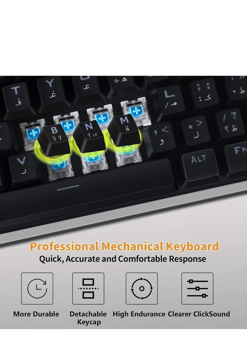 English Arabic Mechanical Gaming Keyboard with LED Backlit, Quick Response USB Wired Waterproof 87 Keys Keyboard for Windows/MacOS/Android PC Gamers - Black/Blue Switch  - Image 3