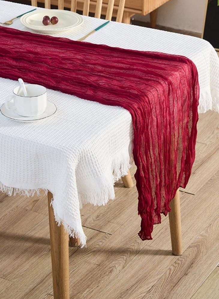 مفرش طاولة من الشاش المطوي على شكل علم جبن مقاس 300×90 سم، ديكور حفلات الزفاف، ديكور طاولة حفلات ريفي شفاف على طراز بوهو، مفارش طاولة ريفية، مفرش طاولة طويل من الرمل لحفلات استقبال الزفاف وحفلات الزفاف وحفلات استقبال المولود الجديد (أحمر أرجواني)