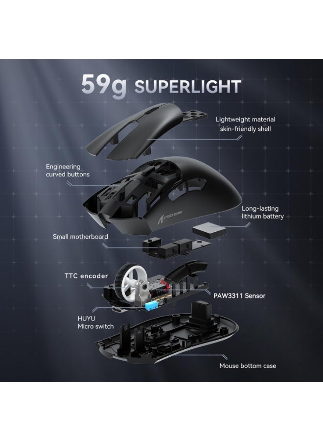 Attack Shark Shark Attack R1 Ultralight Gaming Mouse 59g with Strap Wireless/Wired Bluetooth/2.4GHz Gaming Mouse 6 DPI Adjustable Resolution up to 18000 65 Hours Battery Life Comes with Sticker Color Black - Image 4