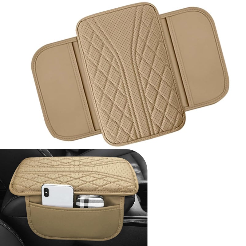 Ferianl Car Center Console Cover Leather Auto Armrest Cover with 2 Storage Bags Universal Cars Armrest Cushion Vehicle Interior Accessories Protector for Sedan SUV TruckBeige - Image 3