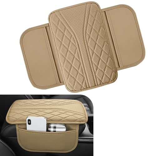 Ferianl Car Center Console Cover Leather Auto Armrest Cover with 2 Storage Bags Universal Cars Armrest Cushion Vehicle Interior Accessories Protector for Sedan SUV TruckBeige - Image 1