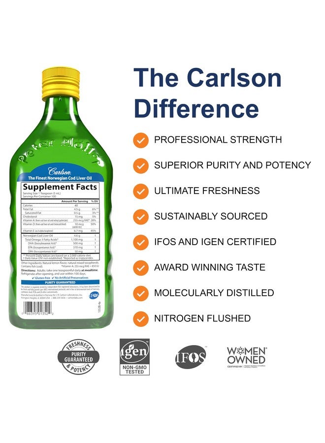 Carlson - Cod Liver Oil, 1100 mg Omega-3s, Liquid Fish Oil Supplement, Wild-Caught Norwegian Arctic , Sustainably Sourced Nordic Fish Oil Liquid, Lemon, 500 ml - Image 2