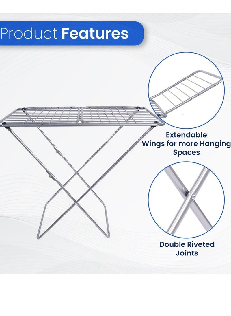مجفف قماش ، مقاوم للصدأ ، سلك حديد وإطار ، رف تجفيف معدني RF10877 مجفف هواء متعدد الوظائف مثالي للداخلية / الخارجية سهل التخزين ومجفف ملابس قابل للطي ، رمادي - Image 2