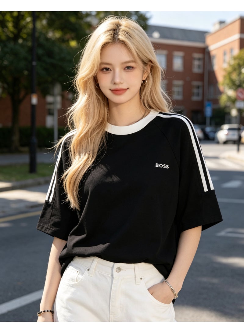 BOSS Unisex Short Sleeve Crew Neck T‑Shirt Casual Striped Sleeves Everyday Wear Black - Image 3