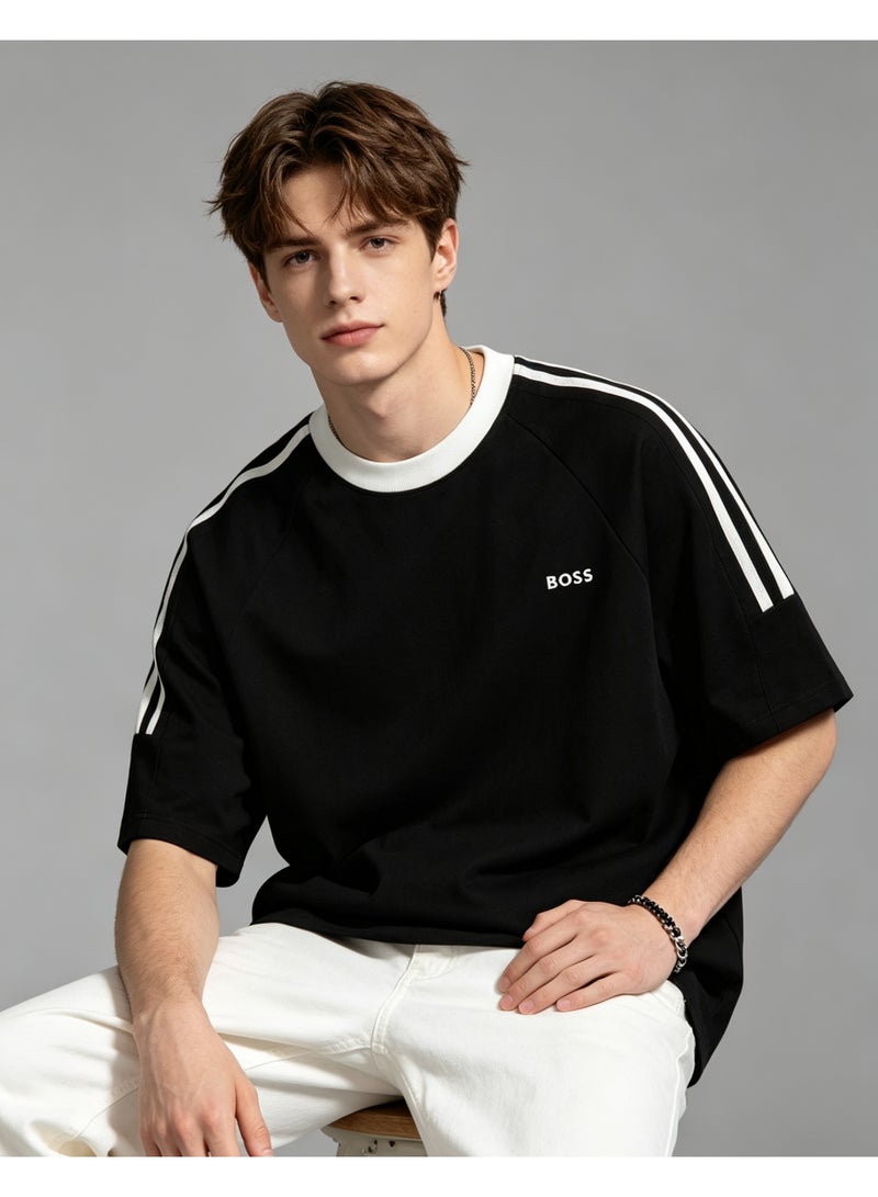BOSS Unisex Short Sleeve Crew Neck T‑Shirt Casual Striped Sleeves Everyday Wear Black - Image 2