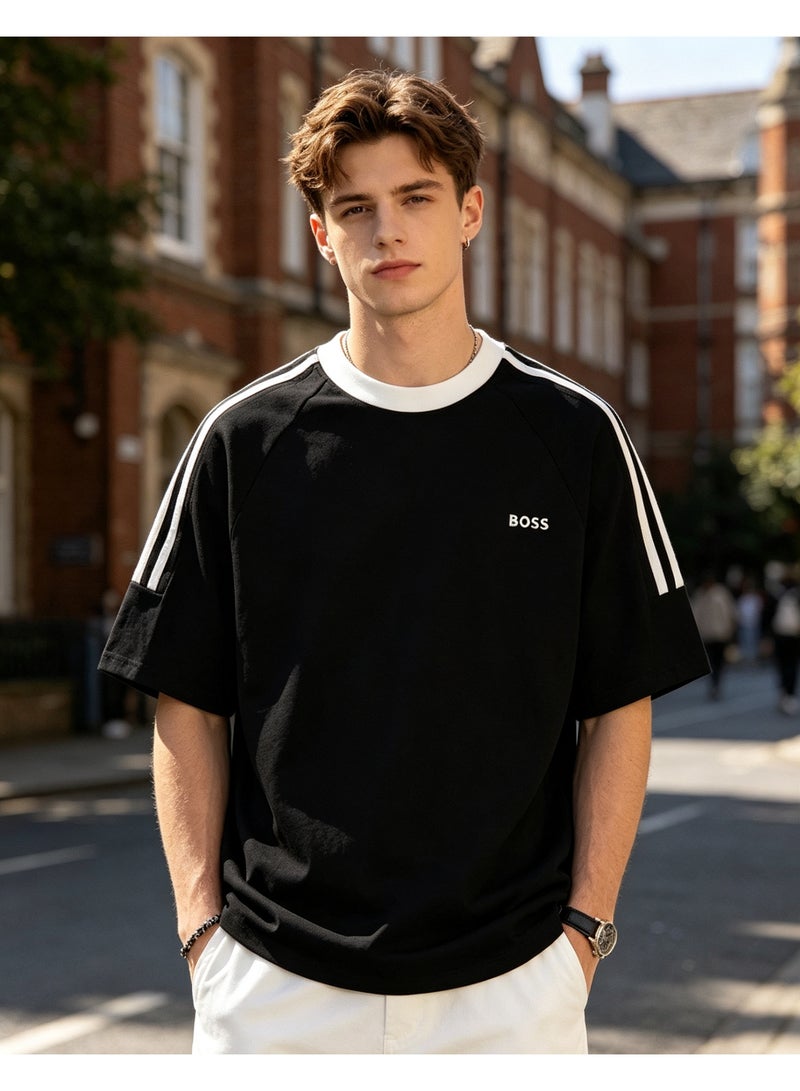 BOSS Unisex Short Sleeve Crew Neck T‑Shirt Casual Striped Sleeves Everyday Wear Black - Image 4