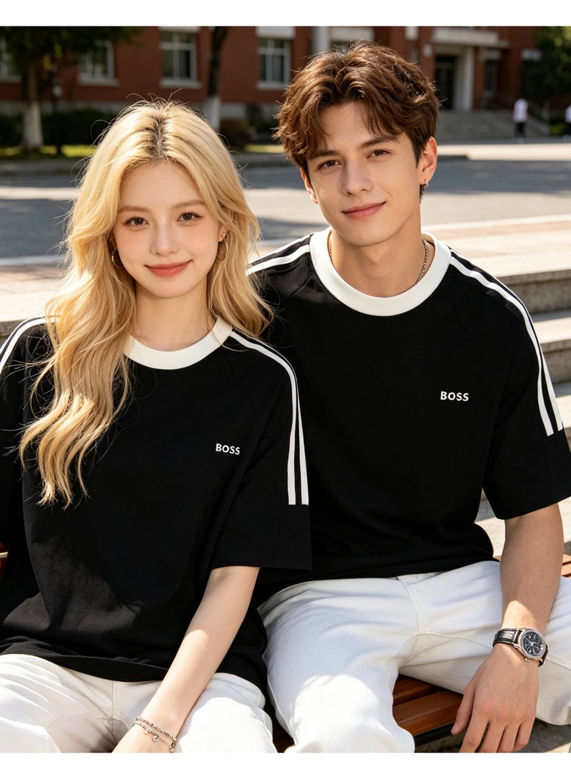 BOSS Unisex Short Sleeve Crew Neck T‑Shirt Casual Striped Sleeves Everyday Wear Black - Image 5