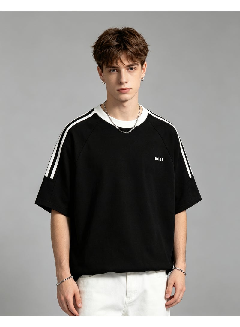 BOSS Unisex Short Sleeve Crew Neck T‑Shirt Casual Striped Sleeves Everyday Wear Black - Image 1