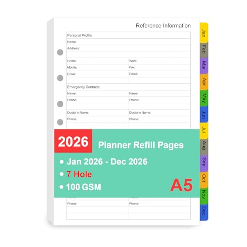 Tiankool 2026 Planner Refill for A5 7-Ring Binder,Weekly & Monthly Planner Inserts Runs from Jan 2026 to Dec 2026, 5-3/4" x 8-1/4" - Image 1