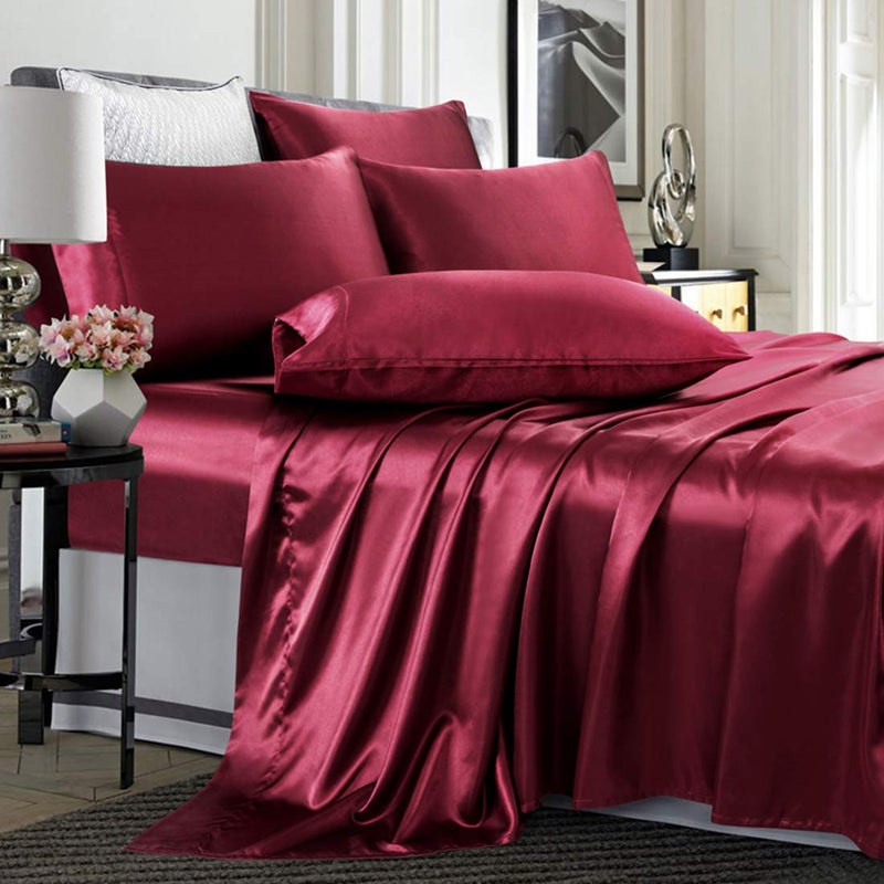 TREELY 6 Piece Queen Size Burgundy Satin Sheet Set with Deep Pocket Fitted Sheet Flat Sheet 4 Pillowcases