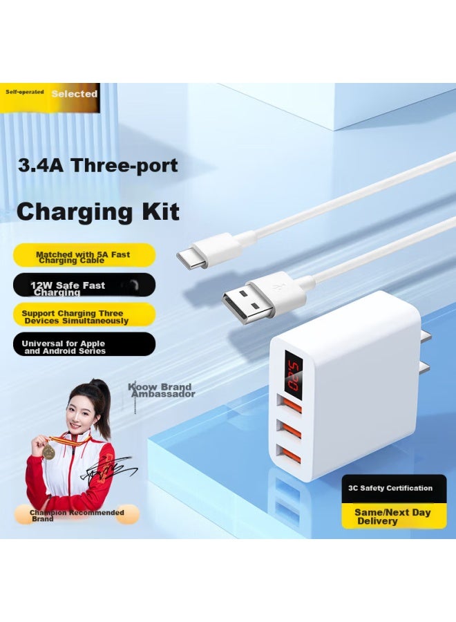 Kovol Charger, 3.4a Three-port Usb Fast Charging Head, Charging Cable Set, Compatible With 5v2a/1a Multiple Ports, Suitable For Apple, Huawei, Xiaomi Phones, Ipad, Universal - Image 1